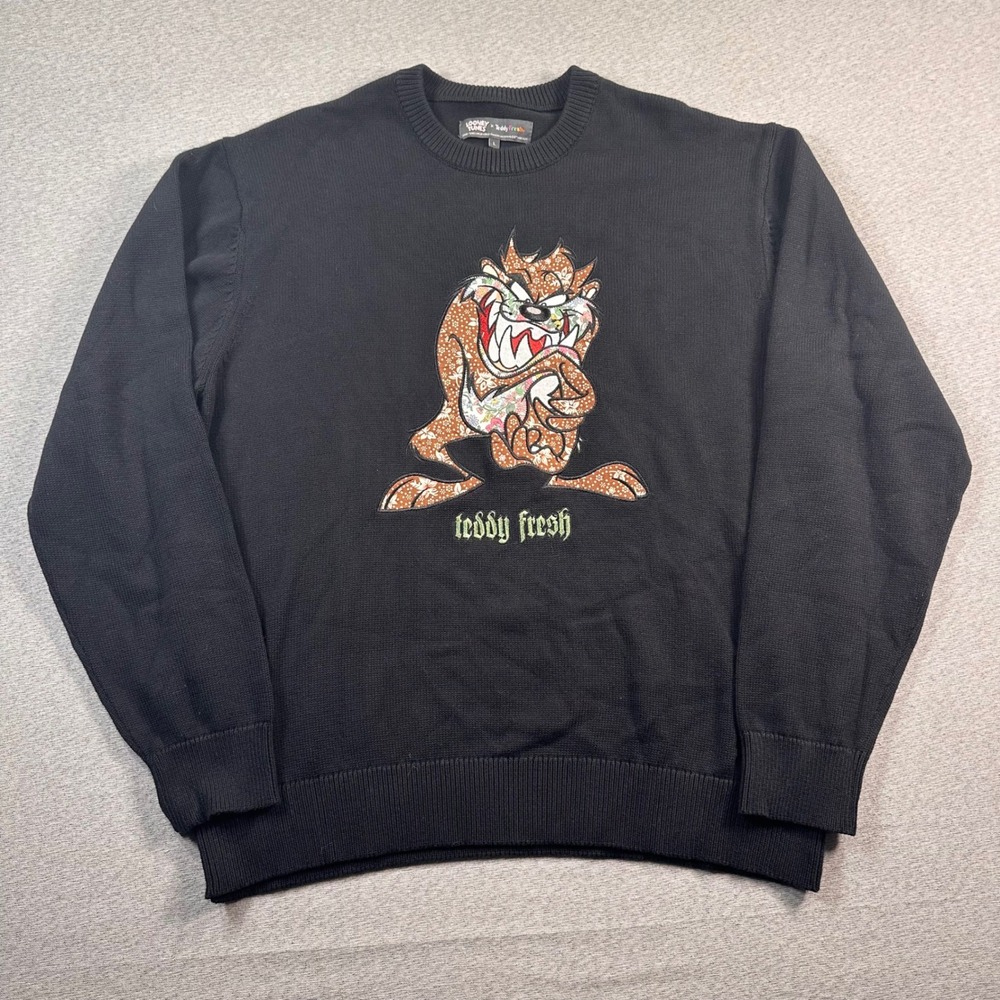 Teddy Fresh Looney Tunes Knitted Sweater Mens L Black Taz Tazmanian Devil